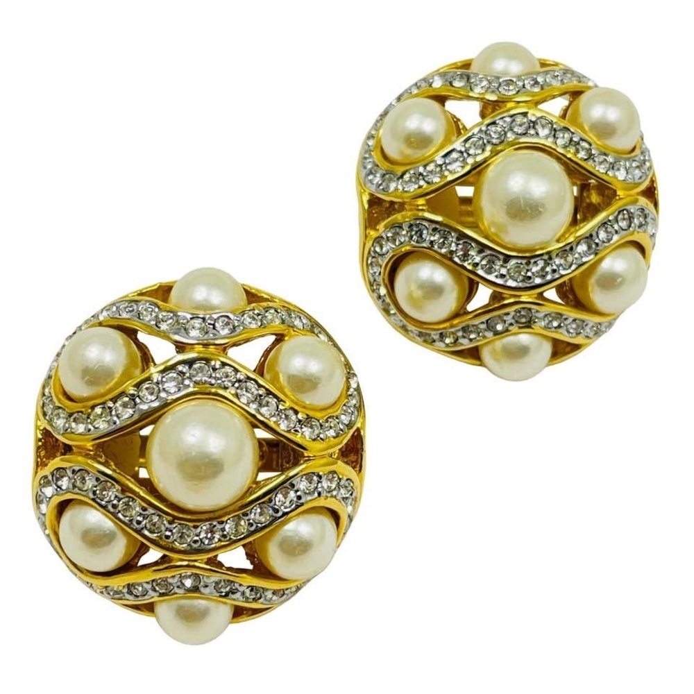 Carolee Vintage gold tone swirl faux pearl crystal rhinestone clip on earrings